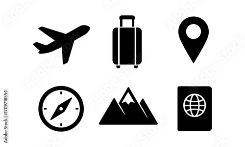 Travel icons set: airplane, luggage, location, compass, mountain, passport