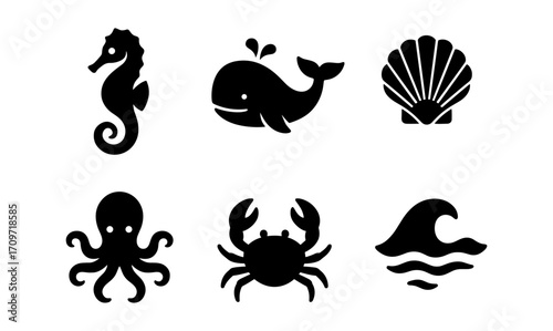 Silhouette icons of marine life: seahorse, whale, shell, octopus, crab, wave