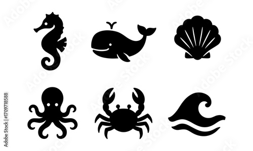 Ocean life silhouette icons: seahorse, whale, shell, octopus, crab, wave