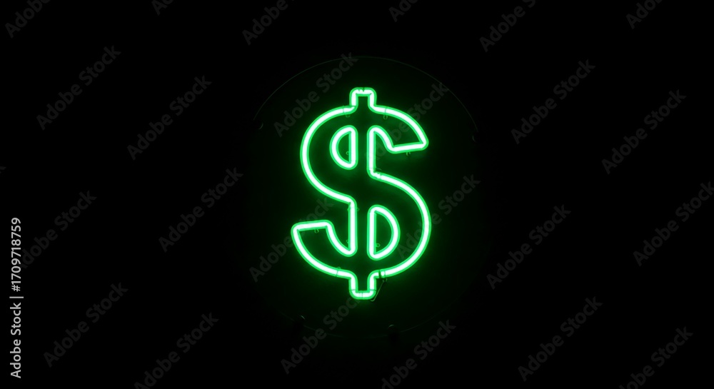Fototapeta premium Glowing dollar sign green neon light effect isolated on black background for financial and business concepts