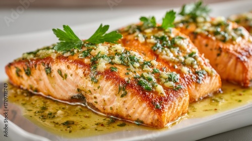 Delicious salmon fillets served with garlic and herbs on a white plate in a bright kitchen setting