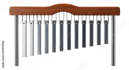 Foto Isolated Musical Instrument, Wind Chime with Wooden Frame and Metal Chimes for C