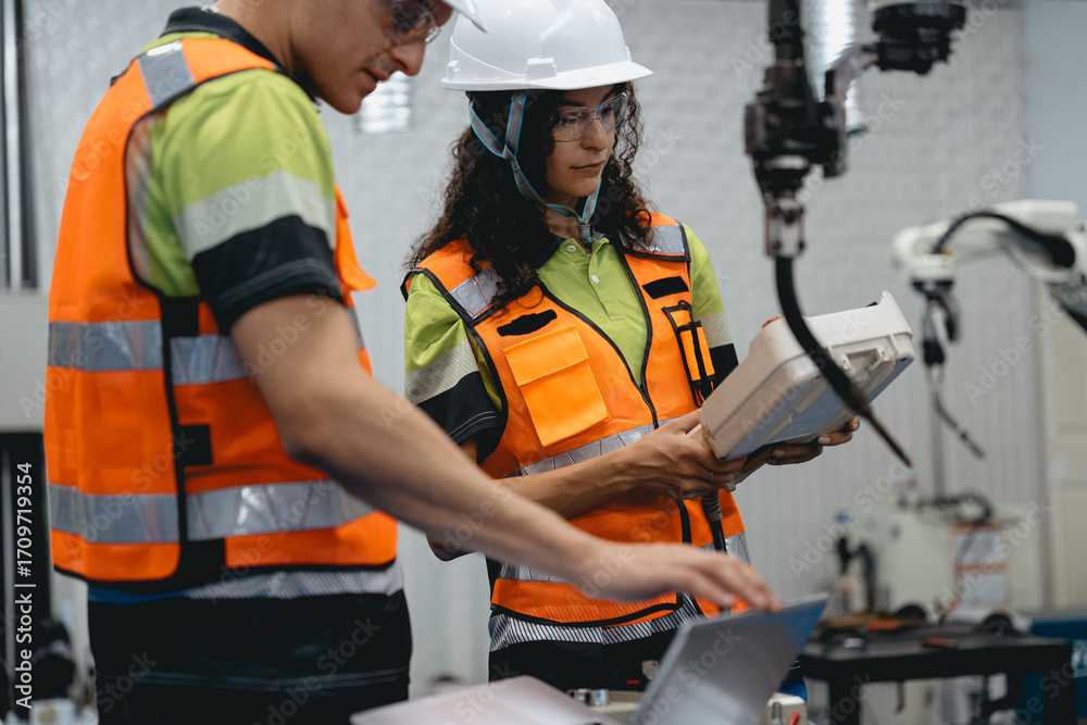 Fototapeta premium Smart Latino woman and male colleague working on AI technology in robotic electronic engineering laboratory. Hispanic engineer technician team research in robot machine futuristic automated control.