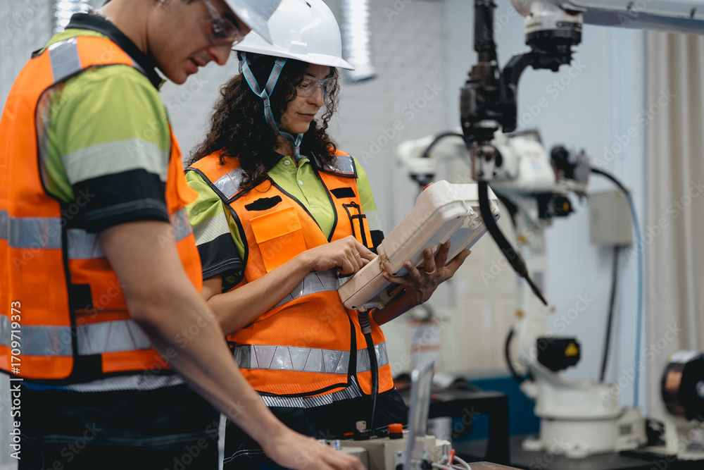 Fototapeta premium Smart Latino woman and male colleague working on AI technology in robotic electronic engineering laboratory. Hispanic engineer technician team research in robot machine futuristic automated control.