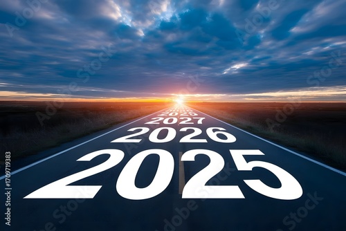 The road ahead stretches towards a bright sunrise with the years 2025 2026 and 2027 painted on the asphalt symbolizing the future and new beginnings