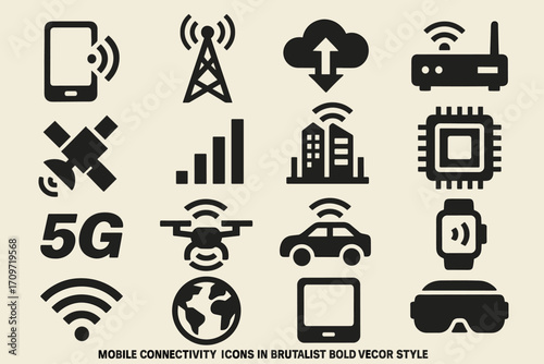 Mobile connectivity silhouette icon set. featuring phone, signal tower, cloud, router, satellite, 5g, and smartwatch