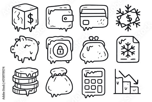 Finance winter-themed linear icon set. featuring wallet, credit card, piggy bank, safe, snowflake bill, and calculator