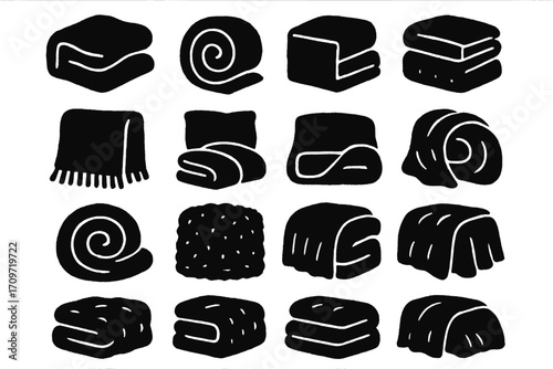 Home textiles silhouette icon set. featuring blanket, towel, quilt, throw, sheet, and bedding symbols