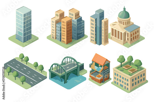 City infrastructure isometric icons set. featuring high-rise, block flats, government, road, bridge, and eco-building elements