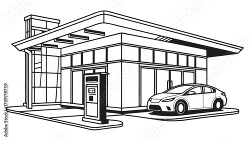 Modern Electric Vehicle Charging Station with Contemporary Building and Car - Sustainable Transportation Infrastructure Line Art