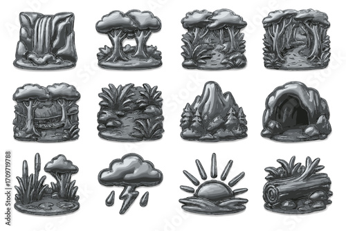Nature and adventure metal icon set. featuring waterfall, forest, path, mountain, cave, sunrise, and cloud symbols