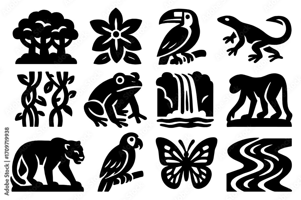Naklejka premium Jungle wildlife silhouette icon set. featuring toucan, lizard, frog, monkey, and waterfall symbols