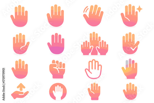 Gestures and hands silhouette icons set. featuring clap, wave, fist, point, and more hand symbols