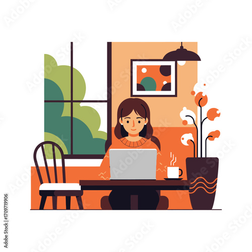 Woman working on a laptop in a cozy home office setting with a window view.
