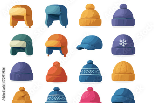 Winter headgear silhouette icon set. featuring beanies, trapper hats, bobble hats, and knitted caps