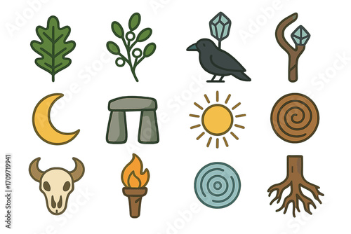 Mystical nature flat icon set. featuring leaf, raven, crescent moon, stonehenge, sun, spiral, skull, torch, rings, roots symbols