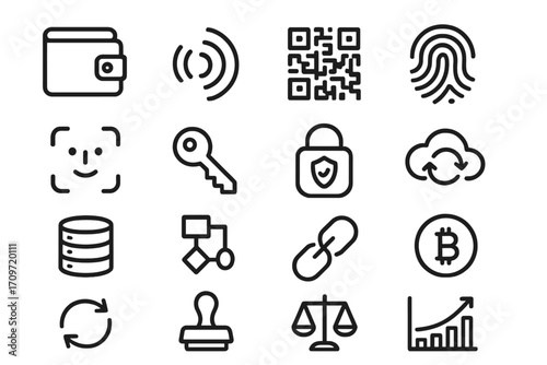 Finance and security linear icon set. featuring wallet, fingerprint, blockchain, qr code, and lock symbols