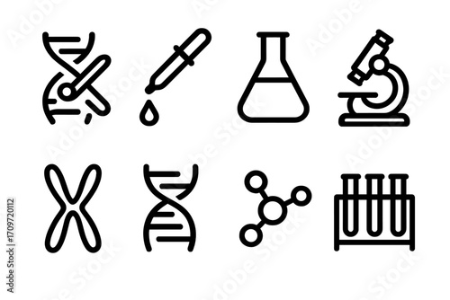 Science and laboratory linear icon set. featuring dna, pipette, flask, microscope, chromosome, and molecule symbols