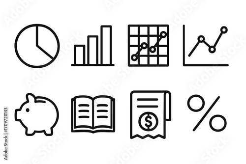 Finance silhouette icon set. featuring chart, graph, piggy bank, book, bill, and percentage symbols