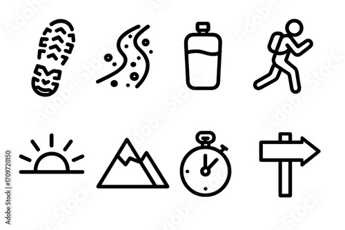 Outdoor activities linear icon set. featuring hiking, trail, bottle, backpack, sunrise, mountain, stopwatch, and sign
