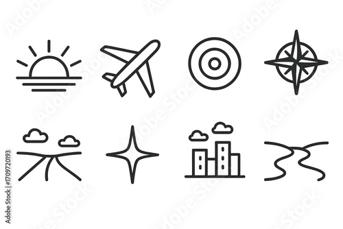 Travel linear icon set. featuring sunset, airplane, target, compass, bridge, star, cityscape, and river symbols