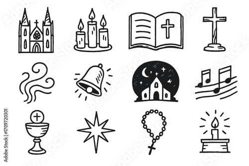 Religious linear icon set. featuring church, candle, bible, cross, angel, bell, and star symbols