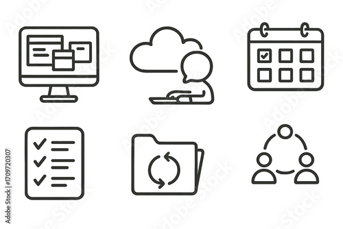 Collaboration and task management linear icon set. featuring dashboard, cloud, calendar, checklist, sync, and teamwork icons
