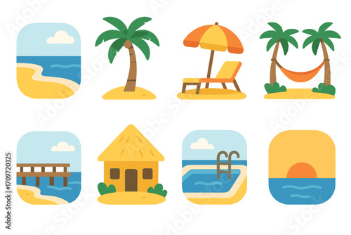 Beach vacation flat icon set. featuring sand, palm, sunbed, hammock, pier, hut, pool, sunset