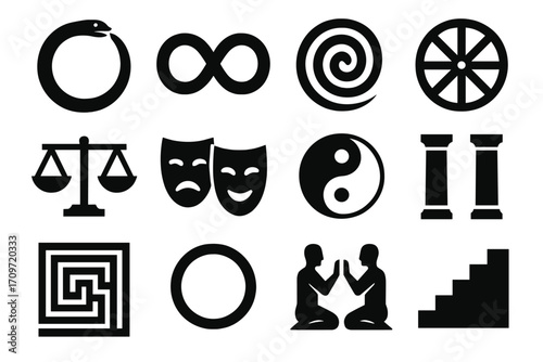 Philosophy symbols silhouette icon set. featuring ouroboros, infinity, spiral, wheel, scales, masks, yin yang