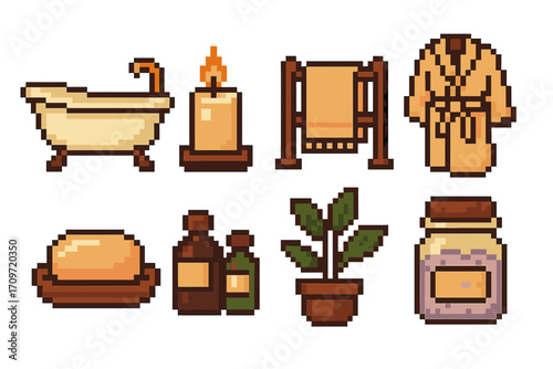 Bathroom essentials pixel art icon set. featuring bathtub, candle, towel, robe, soap, oils, plant, jar