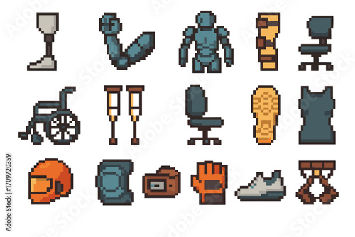 Medical equipment pixel icon set. featuring wheelchair, crutches, prosthetic, wheelchair, helmet, and glove symbols