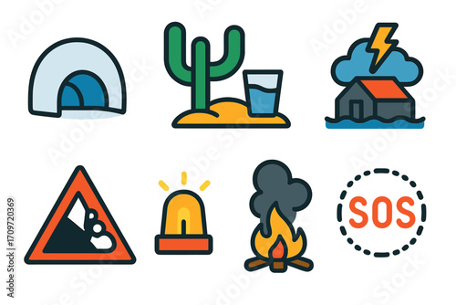 Survival flat icon set. featuring igloo, desert, flood, landslide, siren, campfire, sos symbols