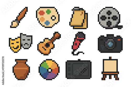 Art and creativity pixel icon set. featuring brush, palette, clipboard, film reel, masks, guitar, microphone, camera, pottery, color wheel, tablet, easel