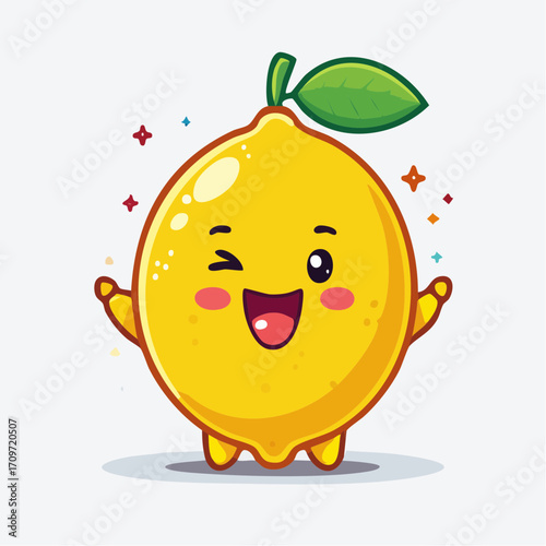 Cute cartoon lemon character winking and smiling with sparkles, Kawaii fruit illustration, funny and happy citrus mascot, vibrant and cheerful design for kids