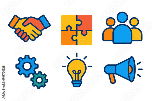 Business and teamwork flat icon set. featuring handshake, puzzle, group, gears, lightbulb, megaphone symbols