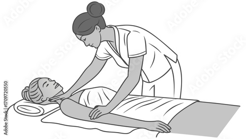 Professional Therapist Administering Neck and Shoulder Massage to Female Client; Wellness, Relaxation, and Physical Therapy Line Art Illustration