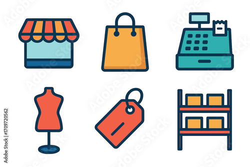 Shopping retail flat icon set. featuring store front, shopping bag, cash register, mannequin, price tag, shelf
