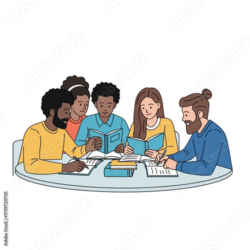 Diverse group of people studying together at a round table, surrounded by books and notebooks.