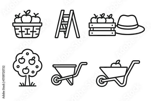 Harvest and farming linear icons set. featuring basket, ladder, crate, hat, apple tree, and wheelbarrow symbols