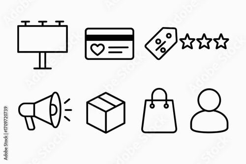 E-commerce linear icon set. featuring billboard, credit card, tag, rating, megaphone, package, shopping bag, user