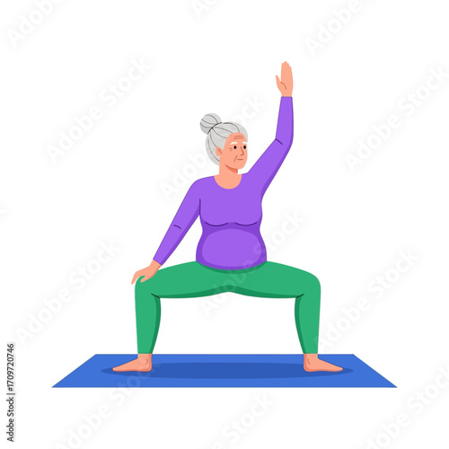 Elderly woman practicing yoga on a blue mat.