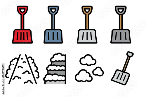Winter tools linear icon set. featuring shovel, snow, path, snowfall, and drift symbols