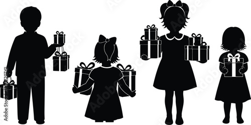 Children holding gifts silhouette christmas holiday vector