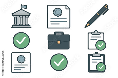 Legal and office linear icon set. featuring courthouse, document, pen, briefcase, checklist, and approval symbols