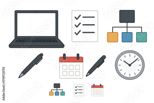 Office tools linear icon set. featuring laptop, checklist, flowchart, pen, calendar, and clock symbols