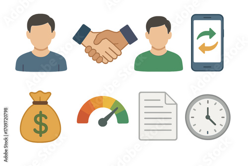 Business and finance flat icon set. featuring people, handshake, smartphone, moneybag, speedometer, document, clock