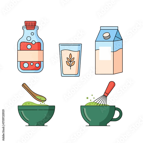 Illustration of various beverage ingredients and preparation steps, including a bottle, milk carton, glass, and green powder being mixed.