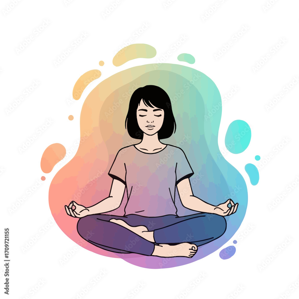 Obraz premium Woman meditating in a relaxed seated yoga pose, surrounded by a colorful abstract background.