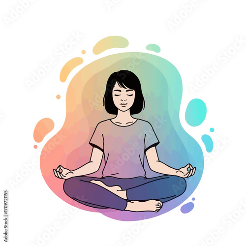 Woman meditating in a relaxed seated yoga pose, surrounded by a colorful abstract background.