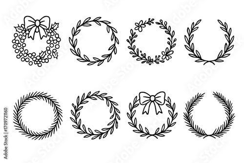 Holiday wreath silhouette icon set. featuring leaves, ribbon, berries, flowers, and evergreen symbols
